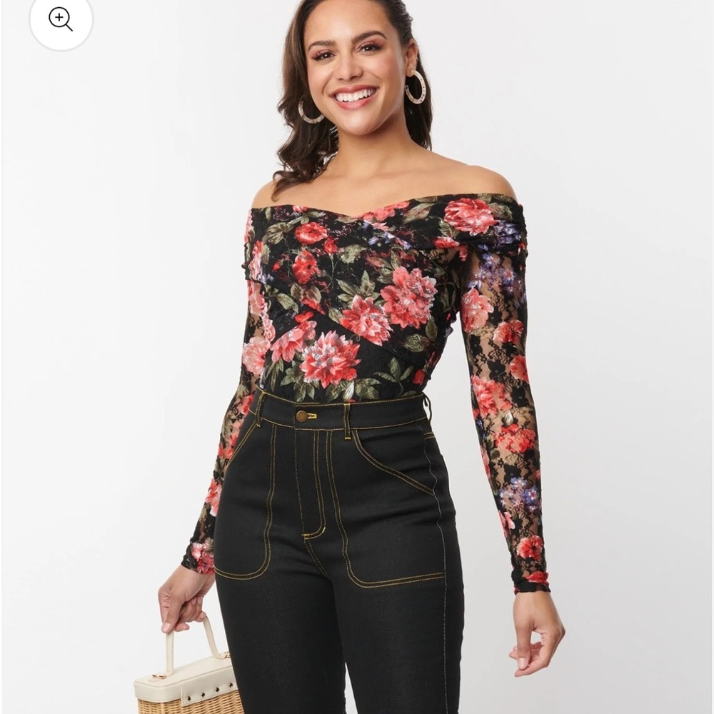 Unique vintage 1940s black floral lace Saturday night bodysuit, plus size 2X